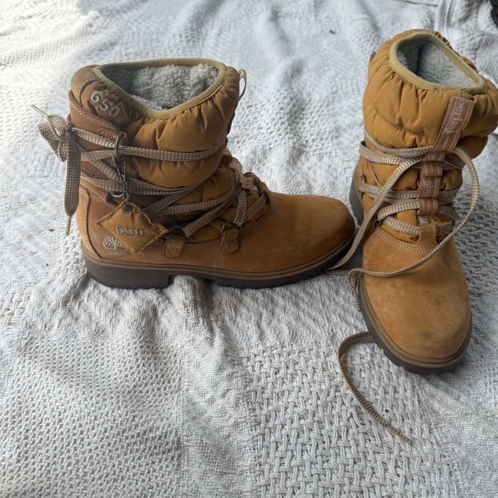 Timberland 650 Fill Power Winter Boots Wheat Nubuck Leather Puffer Lace Up 8M